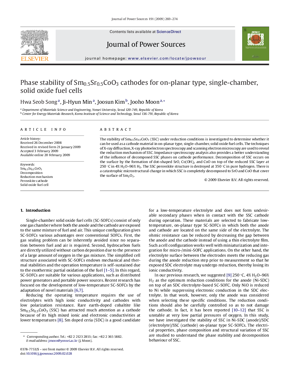 Phase stability of Sm0.5Sr0.5CoO3 cathodes for on-planar type, single-chamber, solid oxide fuel cells