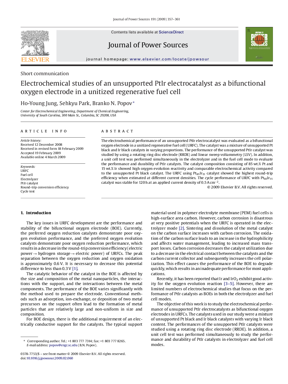 Electrochemical studies of an unsupported PtIr electrocatalyst as a bifunctional oxygen electrode in a unitized regenerative fuel cell