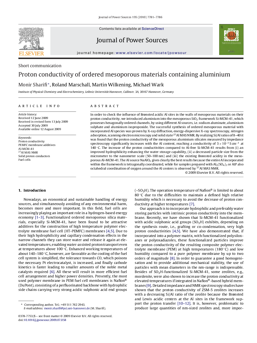 Proton conductivity of ordered mesoporous materials containing aluminium