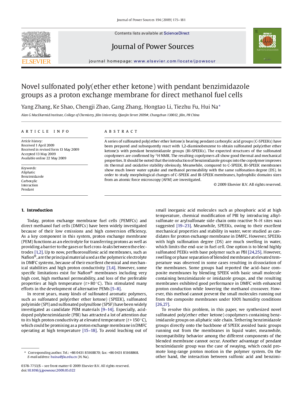 Novel sulfonated poly(ether ether ketone) with pendant benzimidazole groups as a proton exchange membrane for direct methanol fuel cells