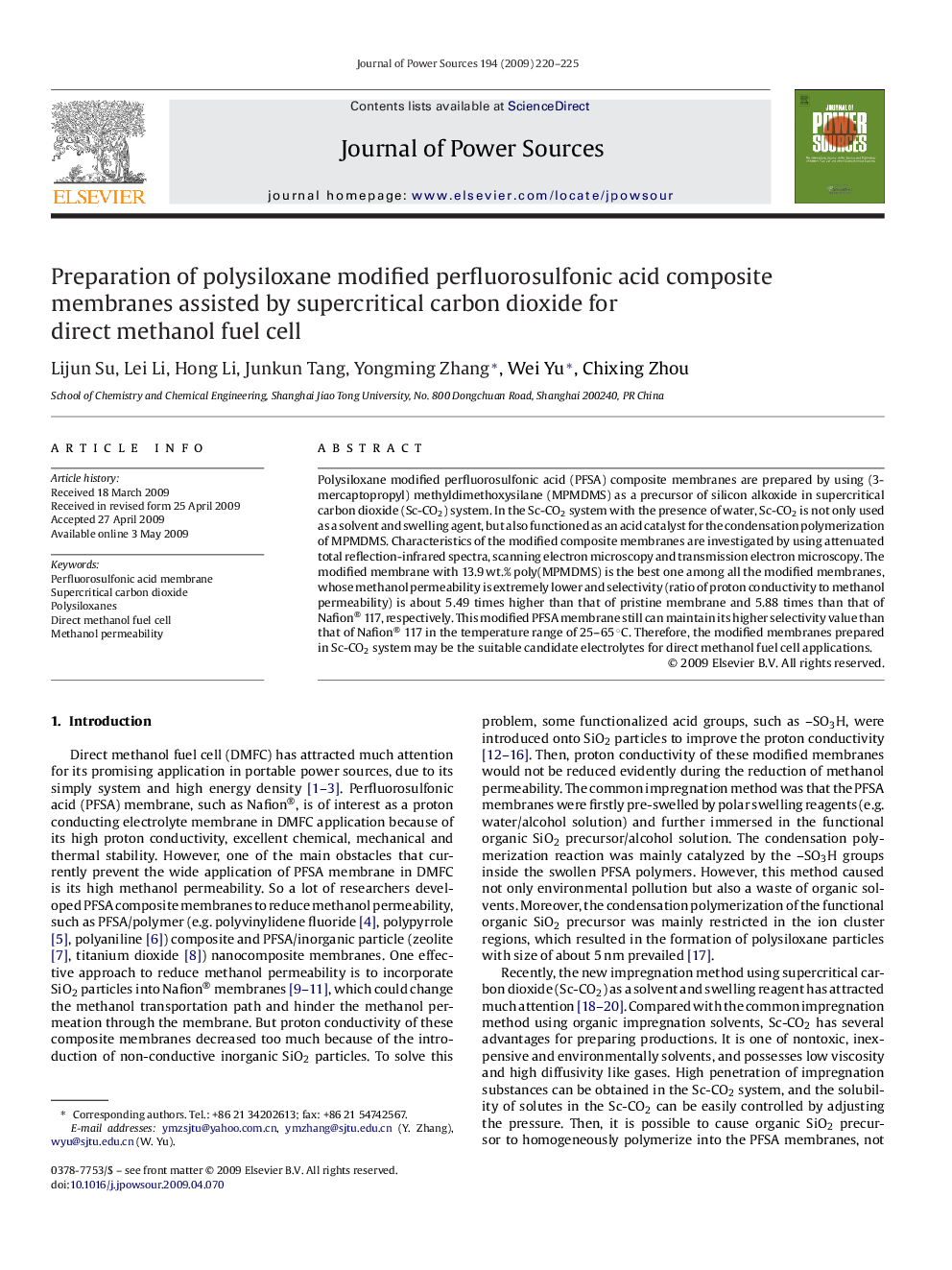 Preparation of polysiloxane modified perfluorosulfonic acid composite membranes assisted by supercritical carbon dioxide for direct methanol fuel cell