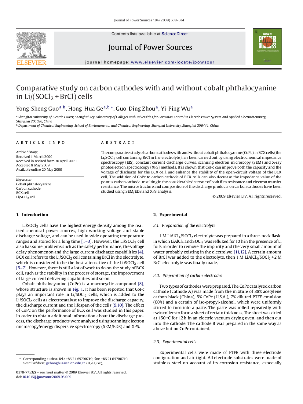 Comparative study on carbon cathodes with and without cobalt phthalocyanine in Li/(SOCl2Â +Â BrCl) cells