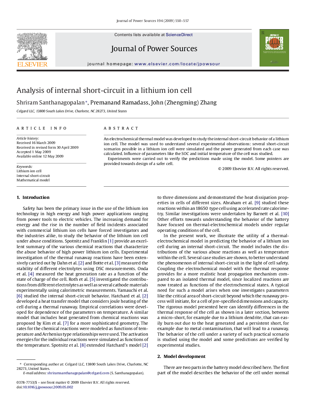 Analysis of internal short-circuit in a lithium ion cell