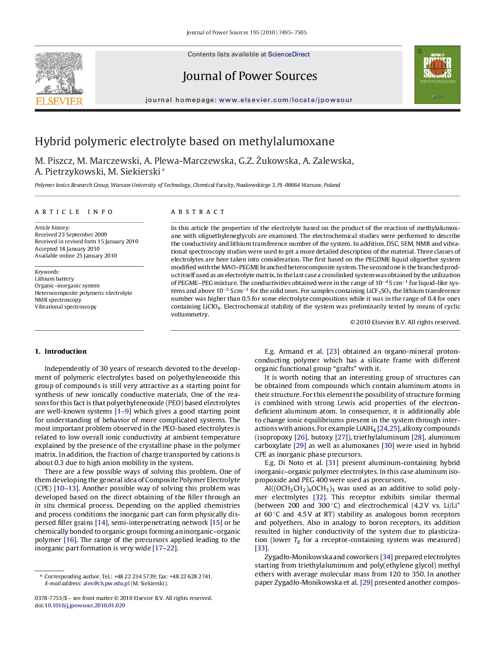 Hybrid polymeric electrolyte based on methylalumoxane