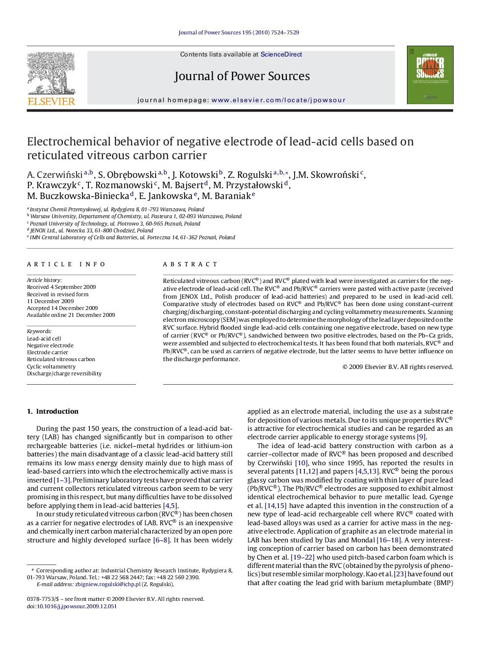 Electrochemical behavior of negative electrode of lead-acid cells based on reticulated vitreous carbon carrier