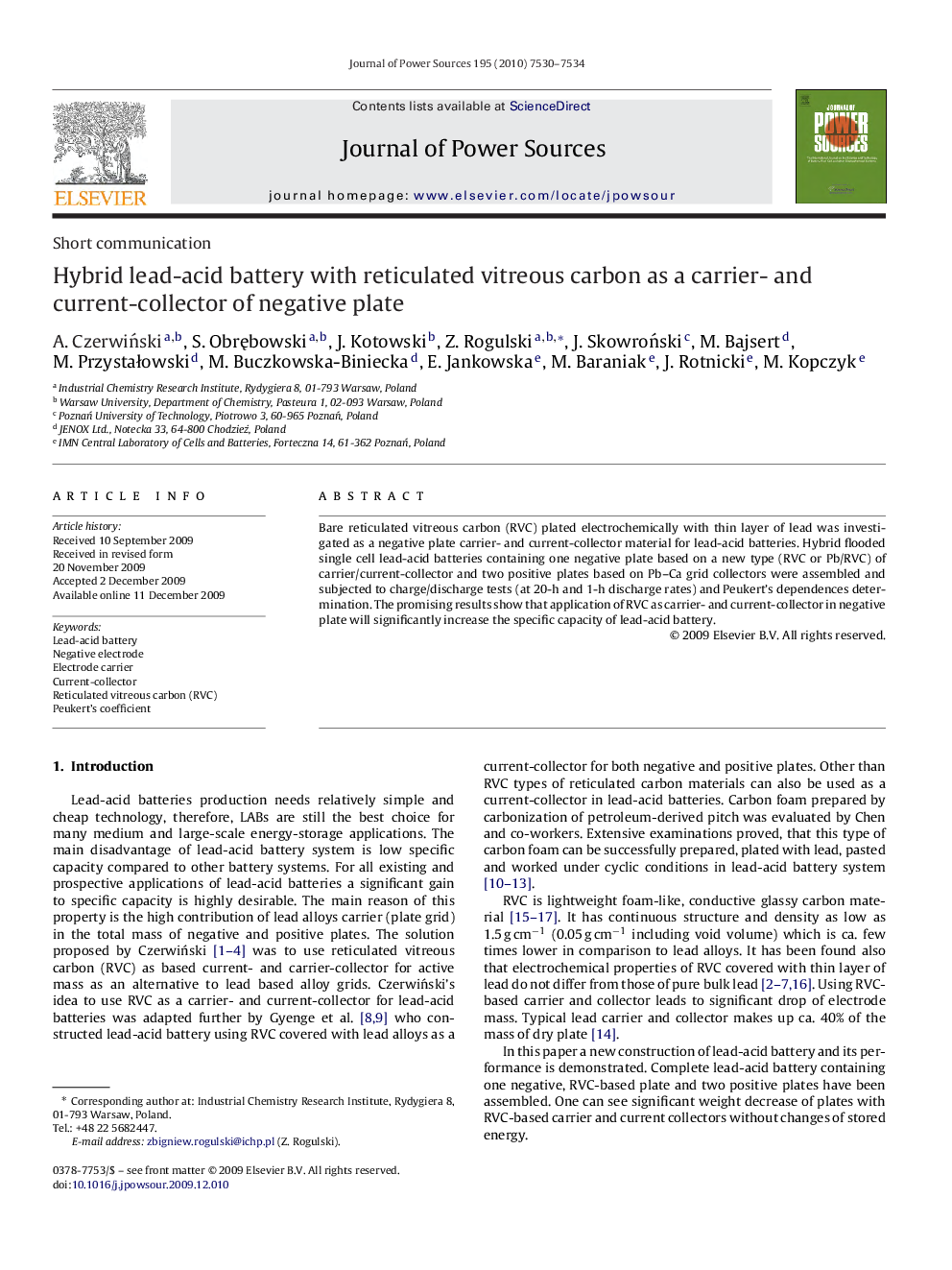 Hybrid lead-acid battery with reticulated vitreous carbon as a carrier- and current-collector of negative plate