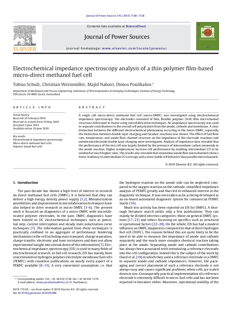 Electrochemical impedance spectroscopy analysis of a thin polymer film-based micro-direct methanol fuel cell