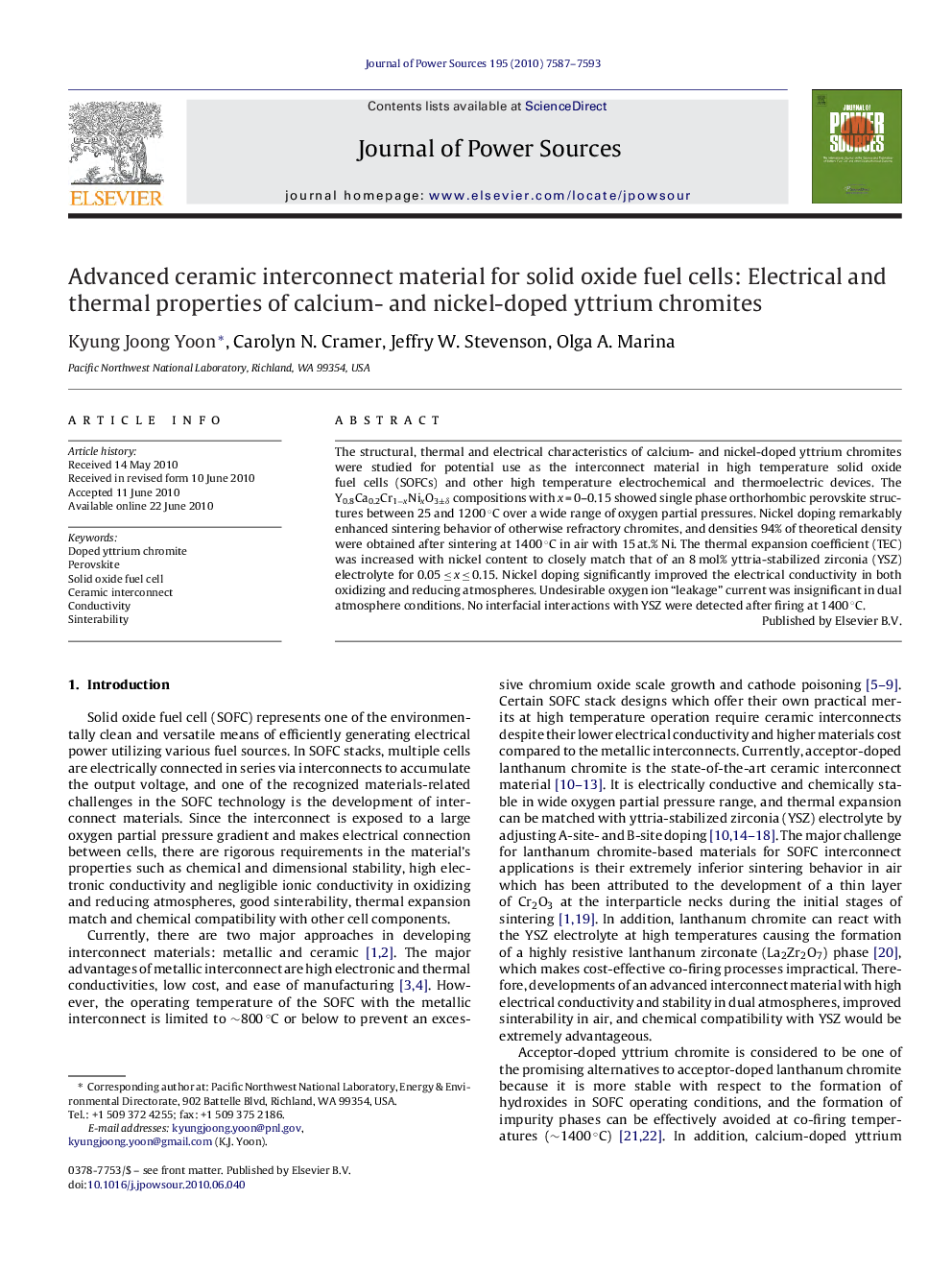 Advanced ceramic interconnect material for solid oxide fuel cells: Electrical and thermal properties of calcium- and nickel-doped yttrium chromites