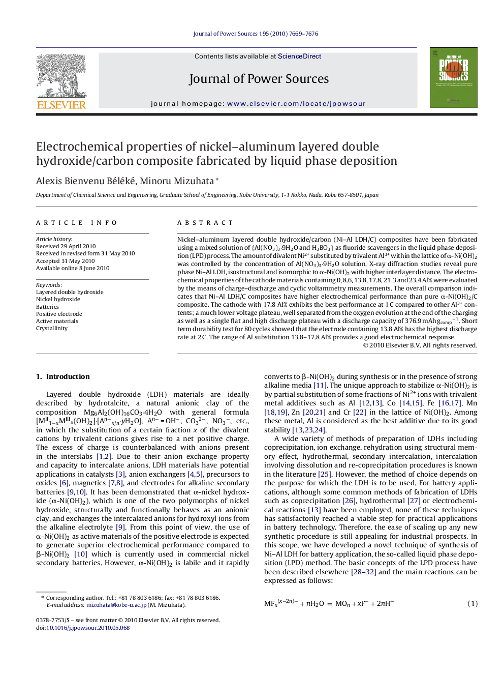 Electrochemical properties of nickel–aluminum layered double hydroxide/carbon composite fabricated by liquid phase deposition