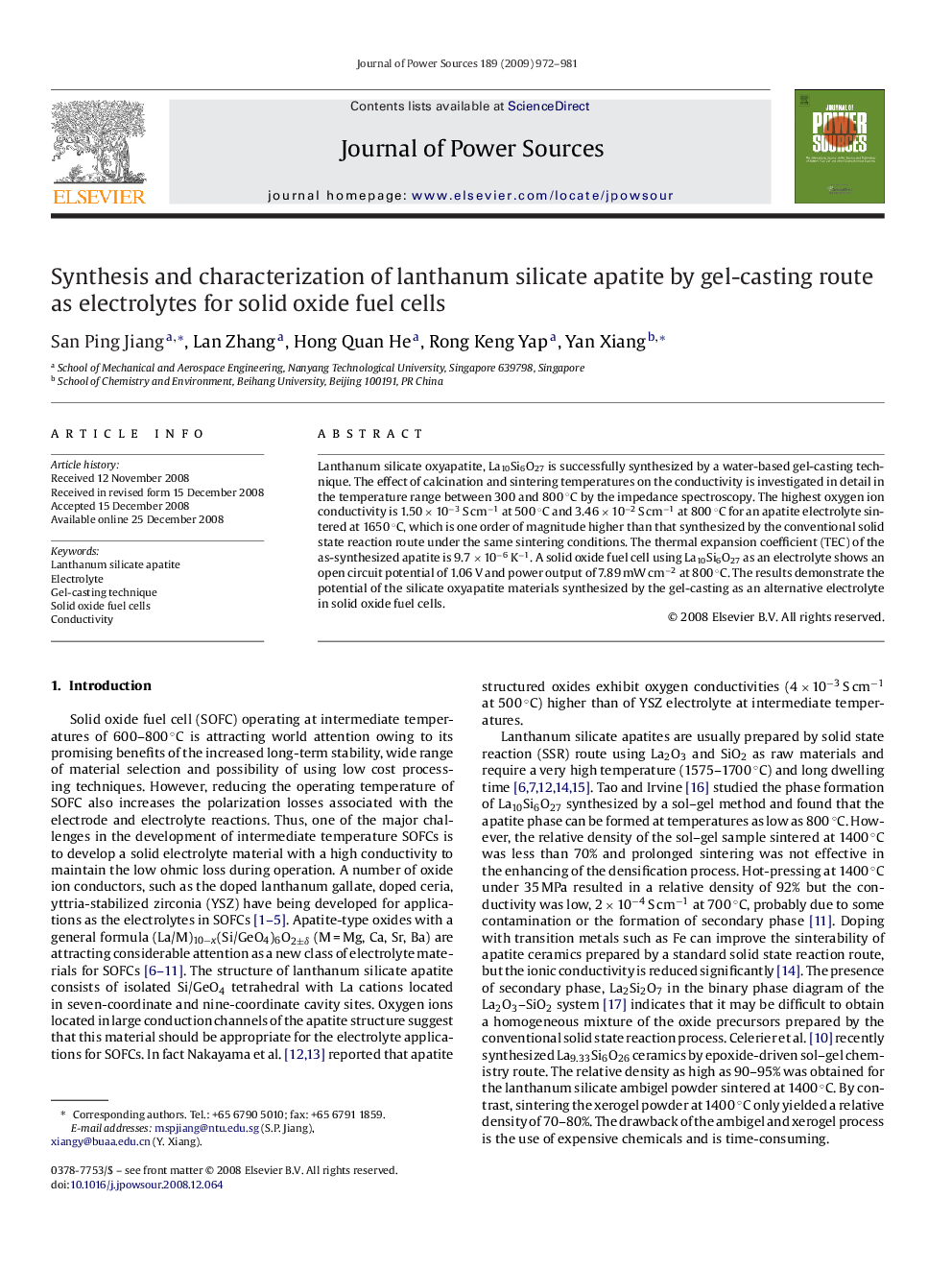 Synthesis and characterization of lanthanum silicate apatite by gel-casting route as electrolytes for solid oxide fuel cells