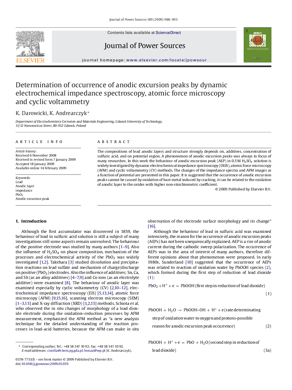 Determination of occurrence of anodic excursion peaks by dynamic electrochemical impedance spectroscopy, atomic force microscopy and cyclic voltammetry