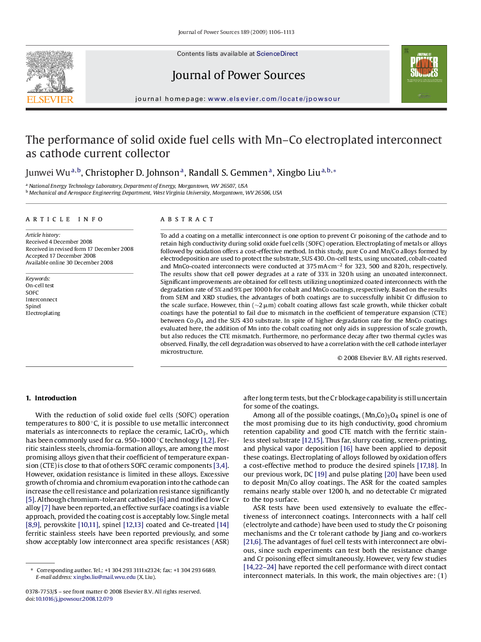 The performance of solid oxide fuel cells with Mn–Co electroplated interconnect as cathode current collector