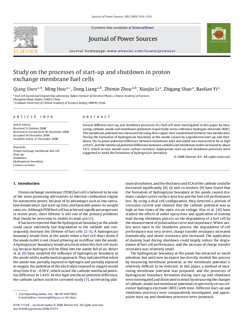 Study on the processes of start-up and shutdown in proton exchange membrane fuel cells