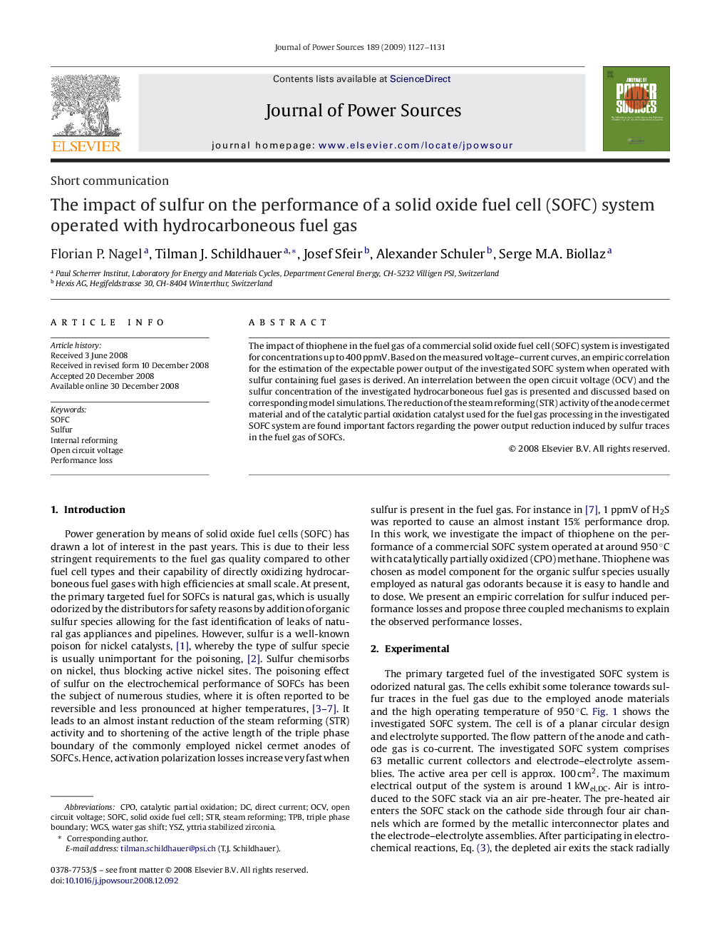 The impact of sulfur on the performance of a solid oxide fuel cell (SOFC) system operated with hydrocarboneous fuel gas