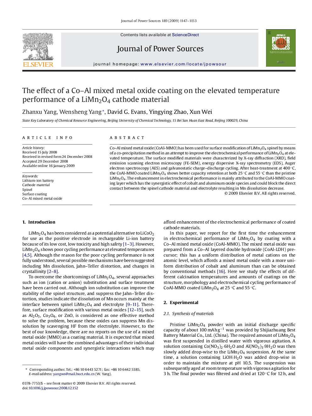 The effect of a Co–Al mixed metal oxide coating on the elevated temperature performance of a LiMn2O4 cathode material