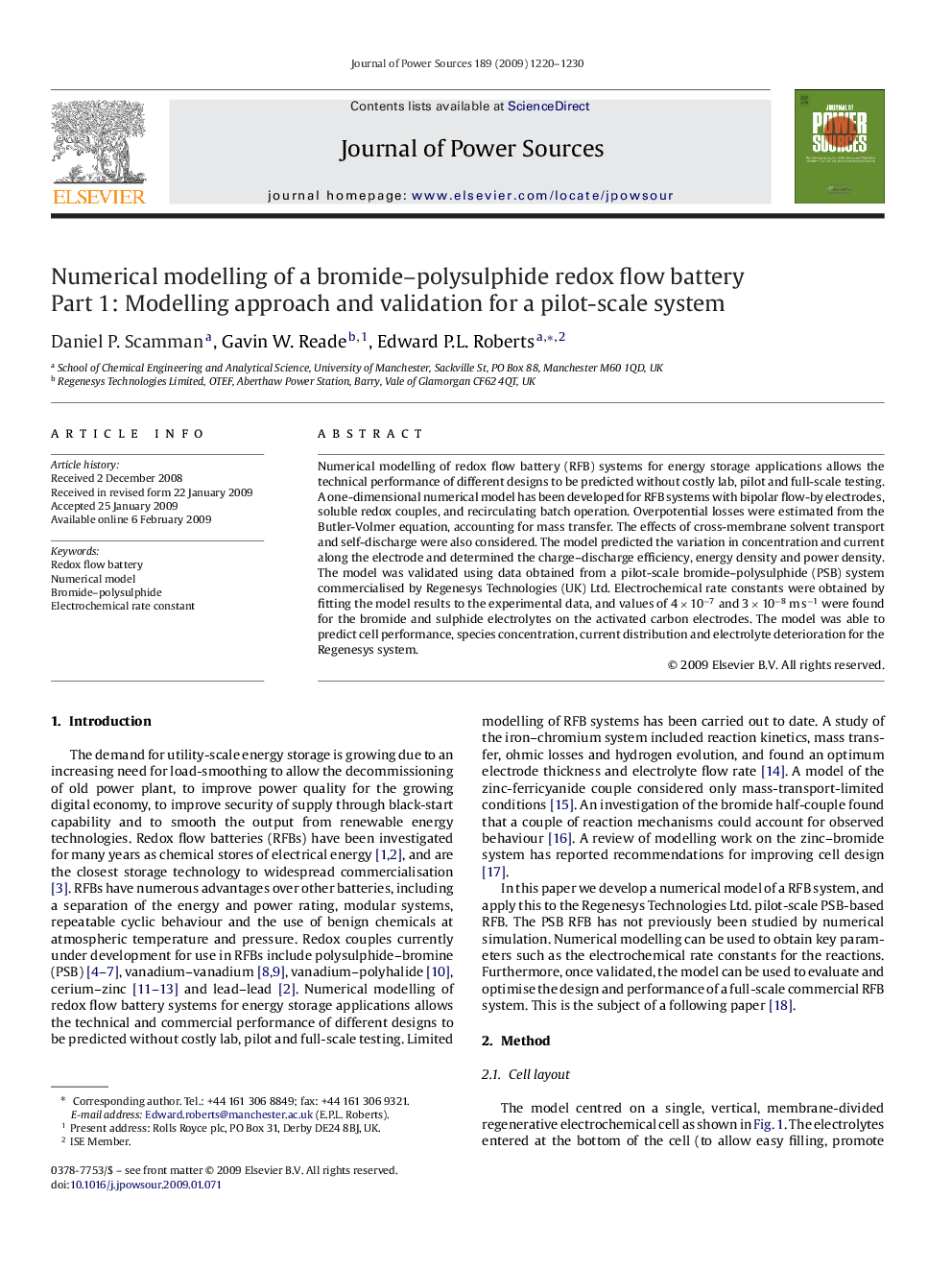 Numerical modelling of a bromide–polysulphide redox flow battery: Part 1: Modelling approach and validation for a pilot-scale system