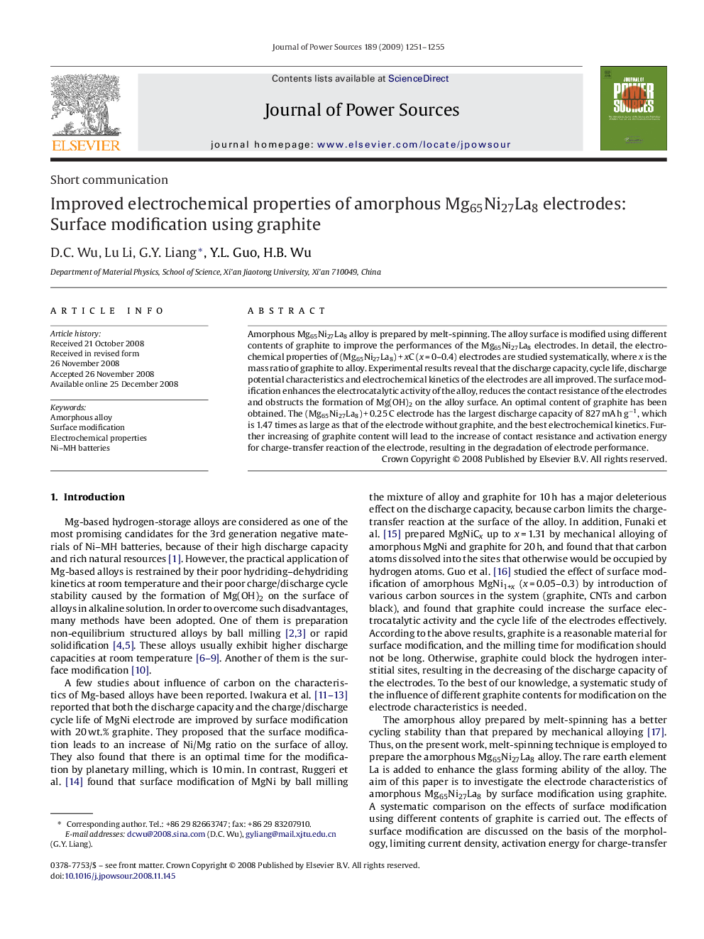 Improved electrochemical properties of amorphous Mg65Ni27La8 electrodes: Surface modification using graphite