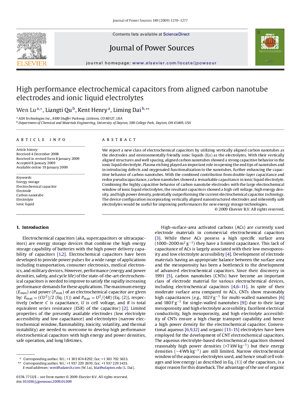 High performance electrochemical capacitors from aligned carbon nanotube electrodes and ionic liquid electrolytes