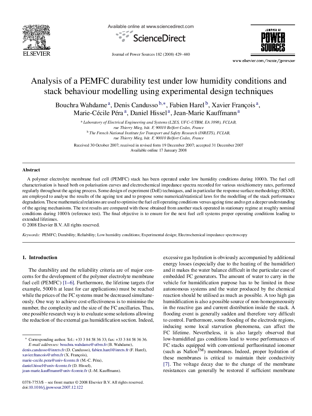 Analysis of a PEMFC durability test under low humidity conditions and stack behaviour modelling using experimental design techniques