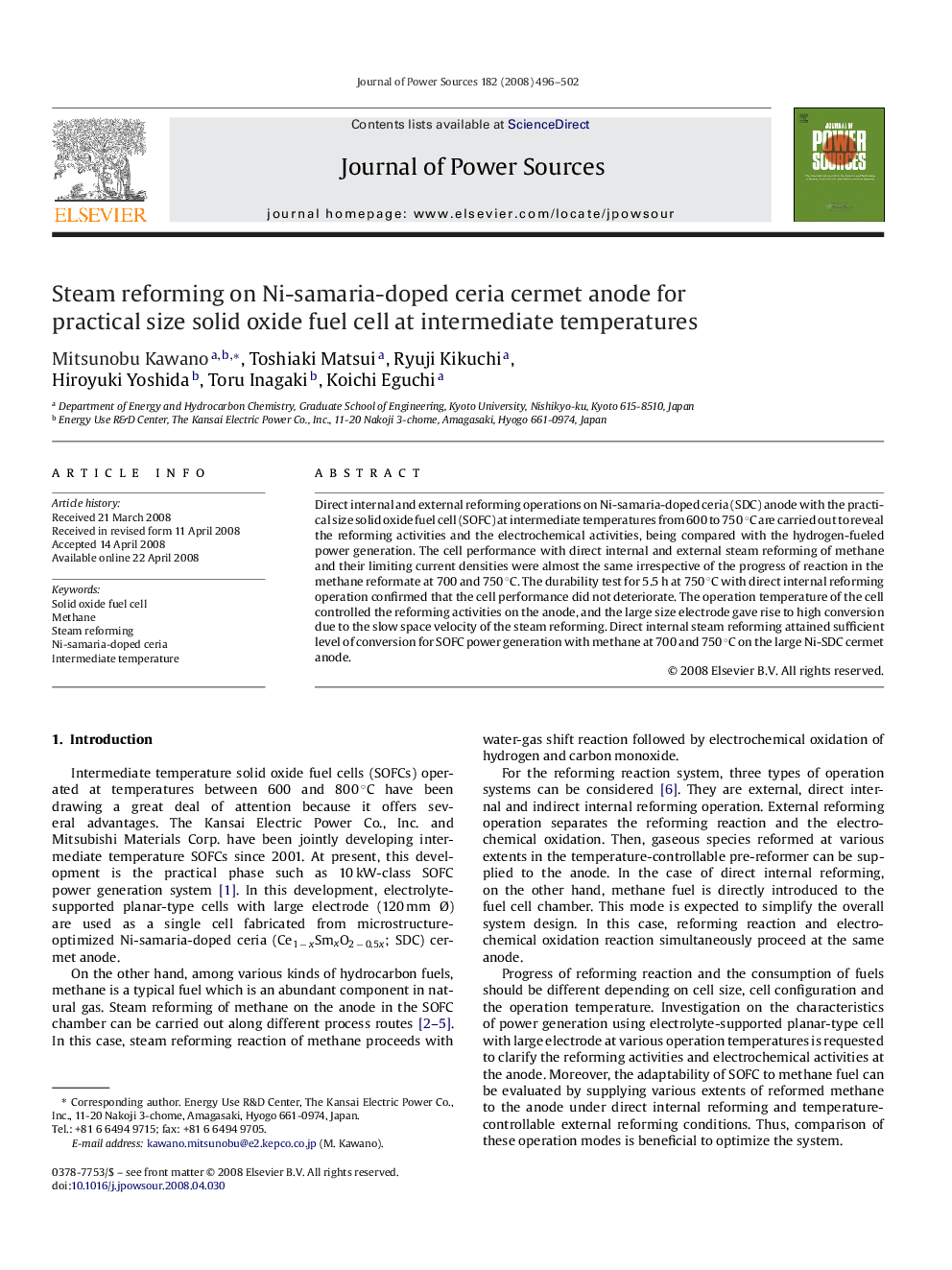 Steam reforming on Ni-samaria-doped ceria cermet anode for practical size solid oxide fuel cell at intermediate temperatures