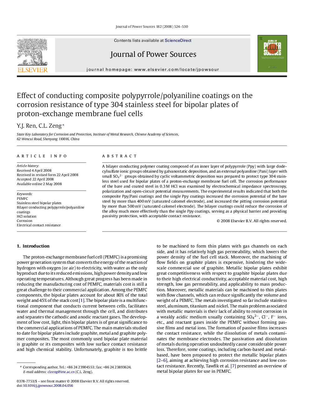 Effect of conducting composite polypyrrole/polyaniline coatings on the corrosion resistance of type 304 stainless steel for bipolar plates of proton-exchange membrane fuel cells