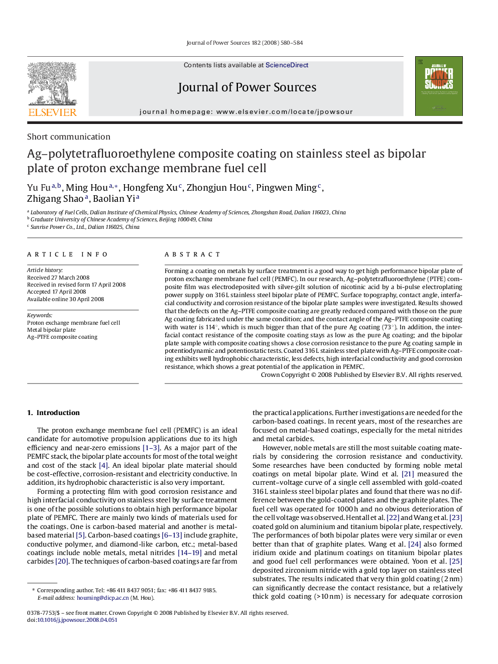 Ag–polytetrafluoroethylene composite coating on stainless steel as bipolar plate of proton exchange membrane fuel cell