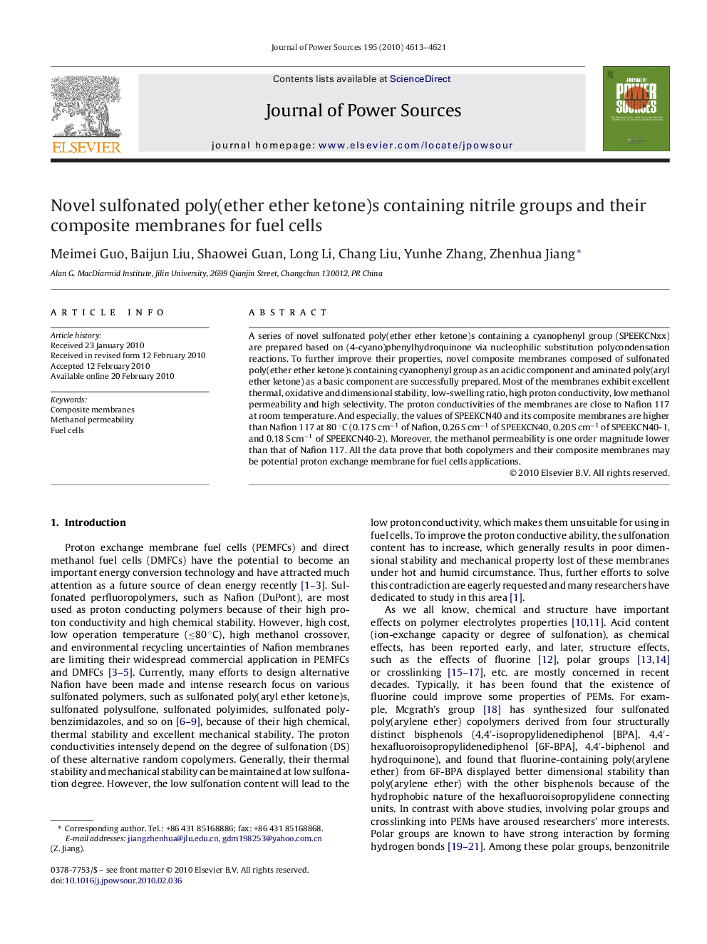 Novel sulfonated poly(ether ether ketone)s containing nitrile groups and their composite membranes for fuel cells