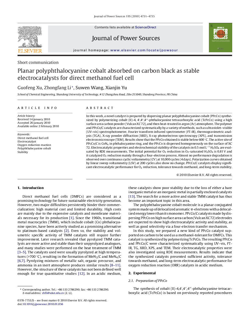 Planar polyphthalocyanine cobalt absorbed on carbon black as stable electrocatalysts for direct methanol fuel cell