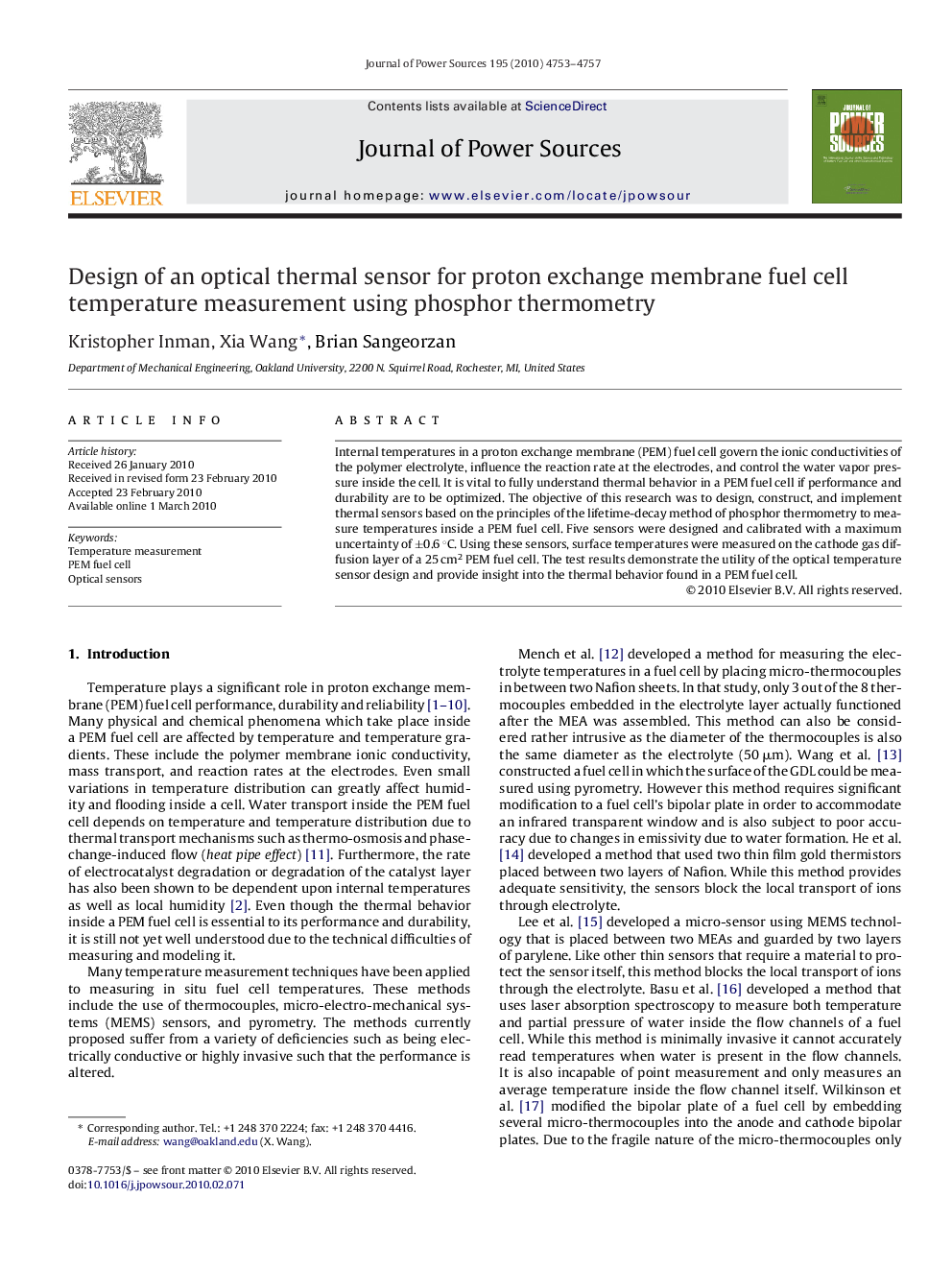 Design of an optical thermal sensor for proton exchange membrane fuel cell temperature measurement using phosphor thermometry