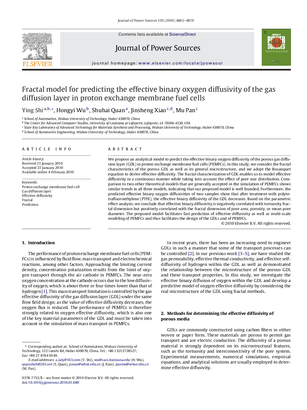 Fractal model for predicting the effective binary oxygen diffusivity of the gas diffusion layer in proton exchange membrane fuel cells