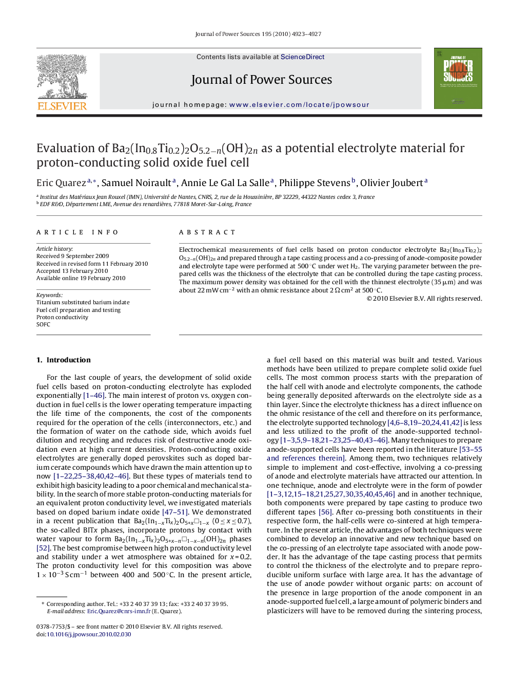 Evaluation of Ba2(In0.8Ti0.2)2O5.2−n(OH)2n as a potential electrolyte material for proton-conducting solid oxide fuel cell