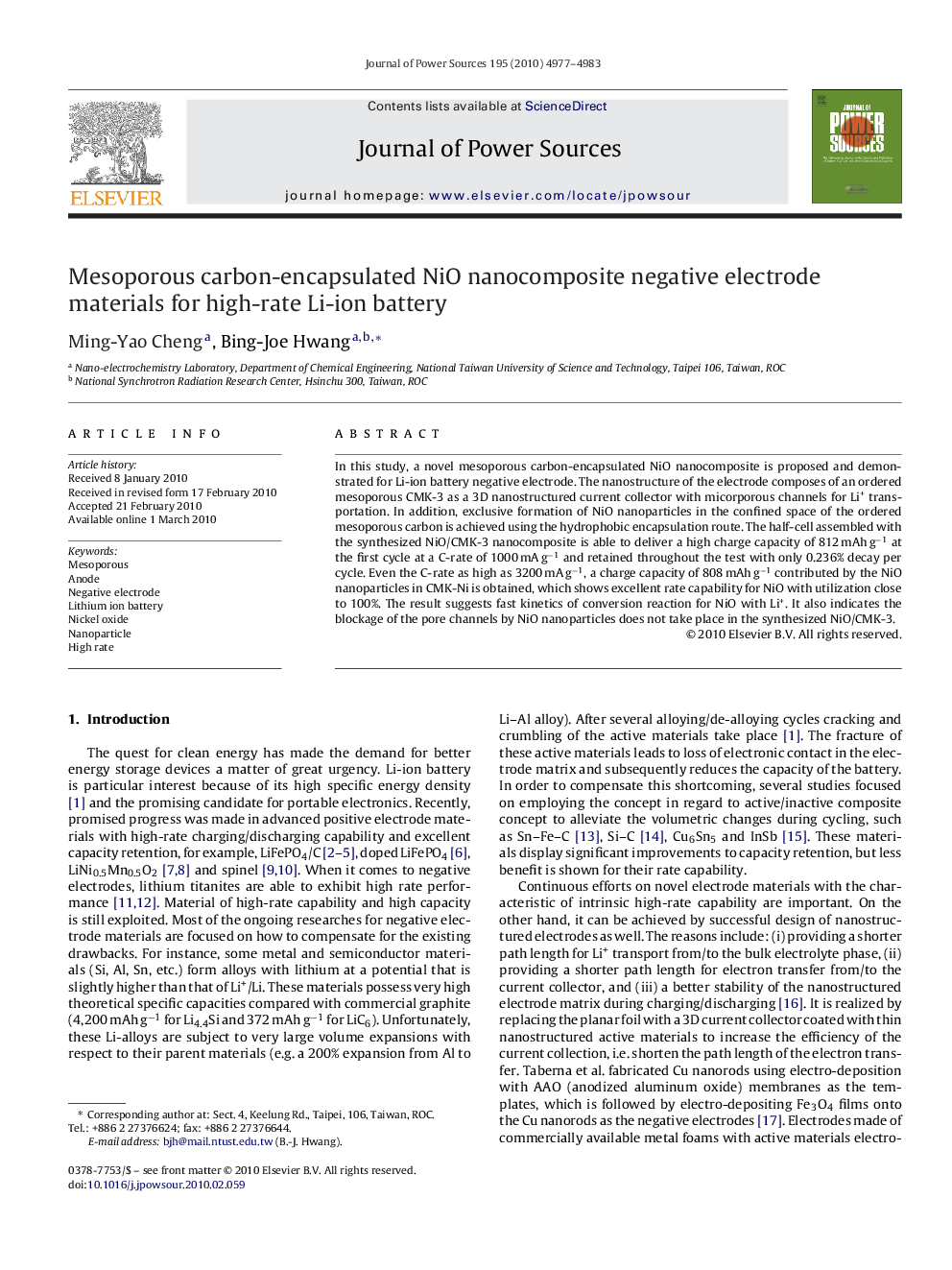 Mesoporous carbon-encapsulated NiO nanocomposite negative electrode materials for high-rate Li-ion battery