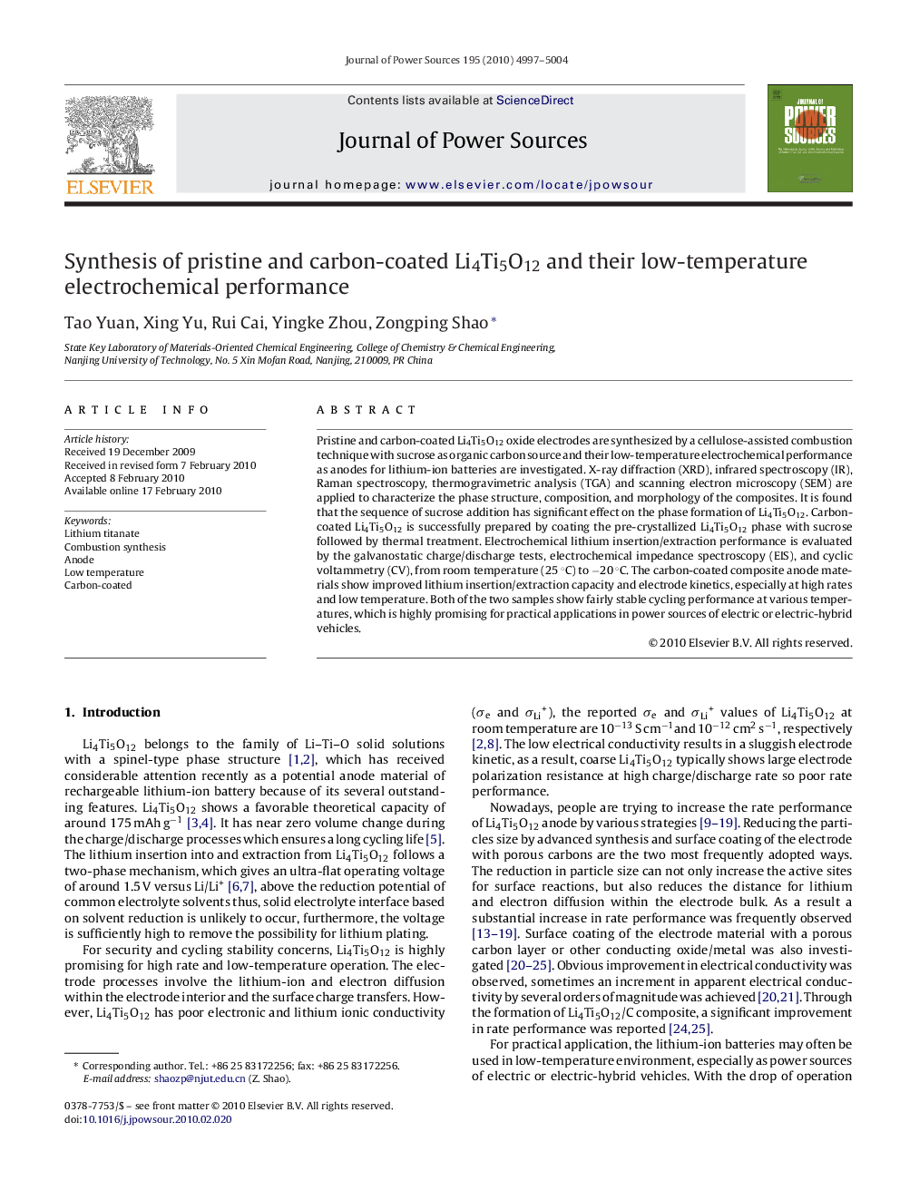 Synthesis of pristine and carbon-coated Li4Ti5O12 and their low-temperature electrochemical performance