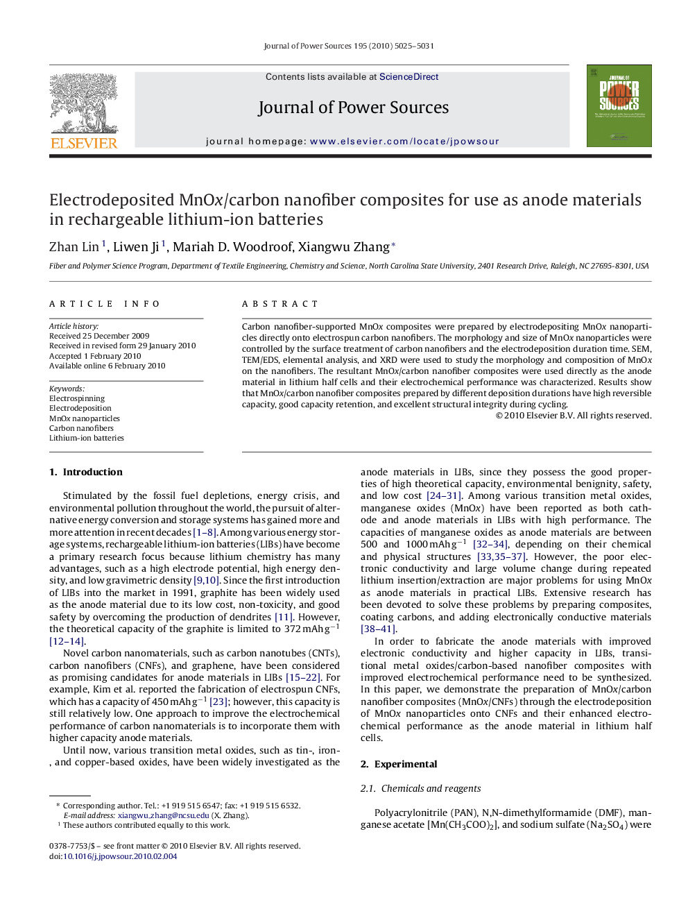 Electrodeposited MnOx/carbon nanofiber composites for use as anode materials in rechargeable lithium-ion batteries