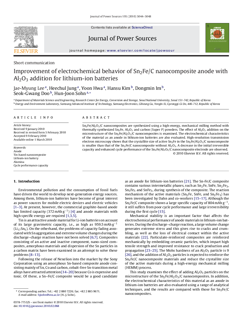 Improvement of electrochemical behavior of Sn2Fe/C nanocomposite anode with Al2O3 addition for lithium-ion batteries