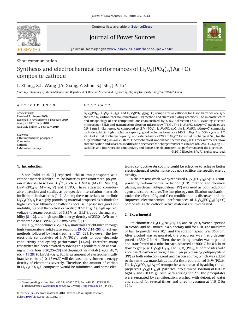 Synthesis and electrochemical performances of Li3V2(PO4)3/(Ag + C) composite cathode