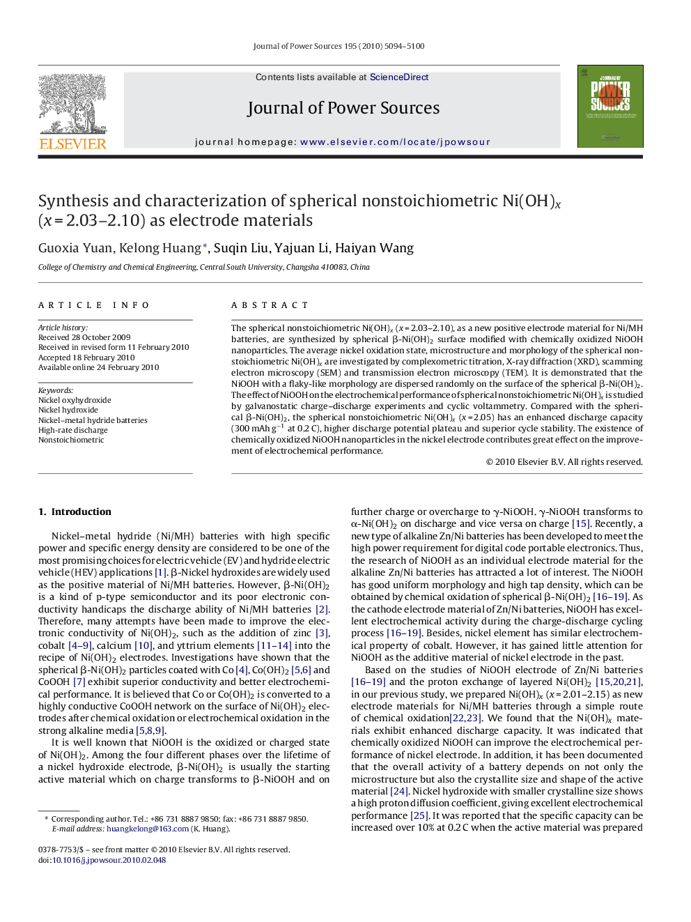 Synthesis and characterization of spherical nonstoichiometric Ni(OH)x (x = 2.03–2.10) as electrode materials