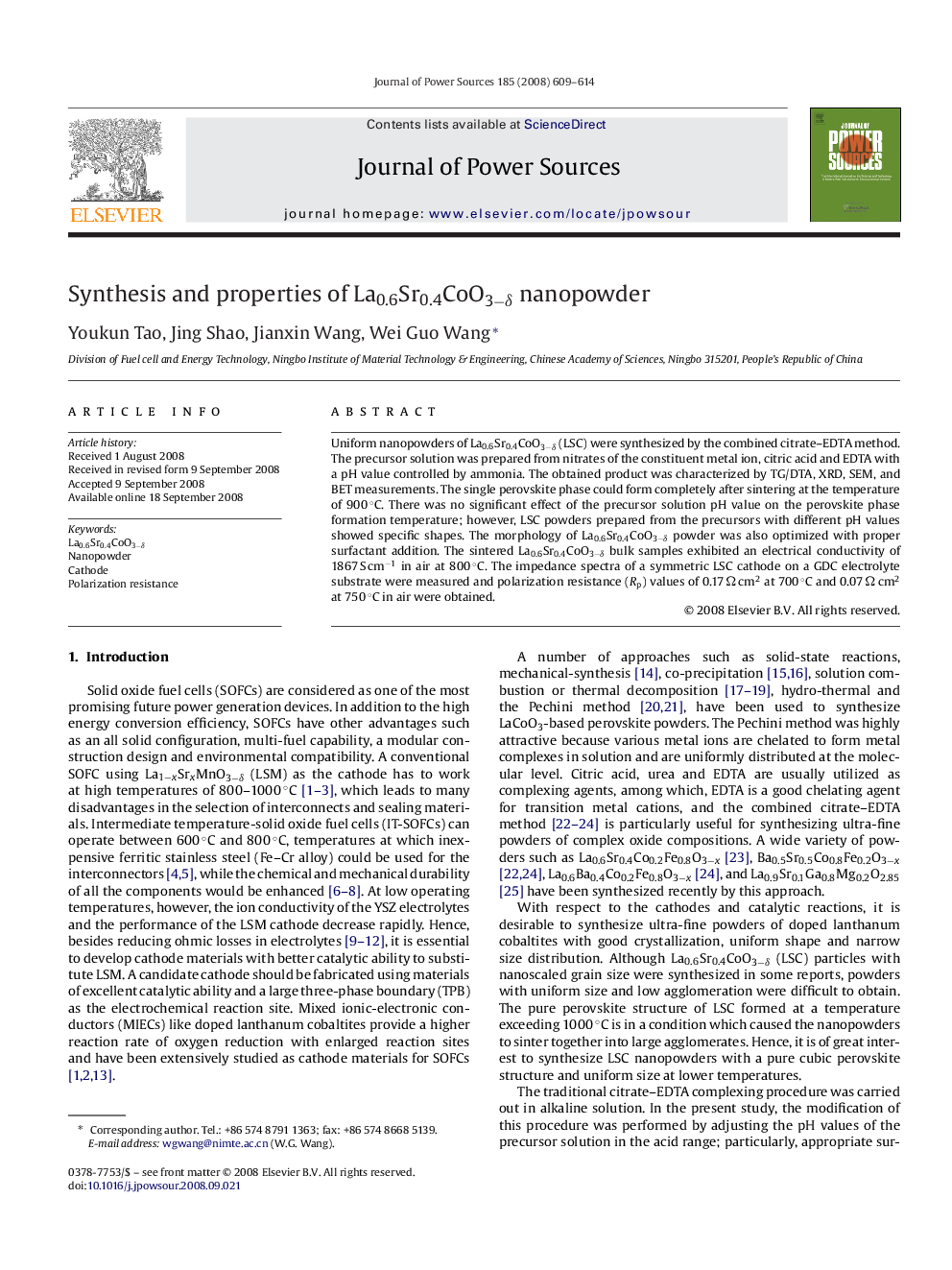 Synthesis and properties of La0.6Sr0.4CoO3−δ nanopowder