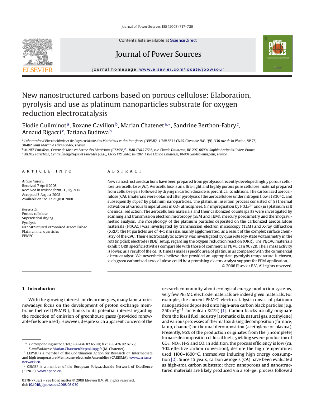 New nanostructured carbons based on porous cellulose: Elaboration, pyrolysis and use as platinum nanoparticles substrate for oxygen reduction electrocatalysis