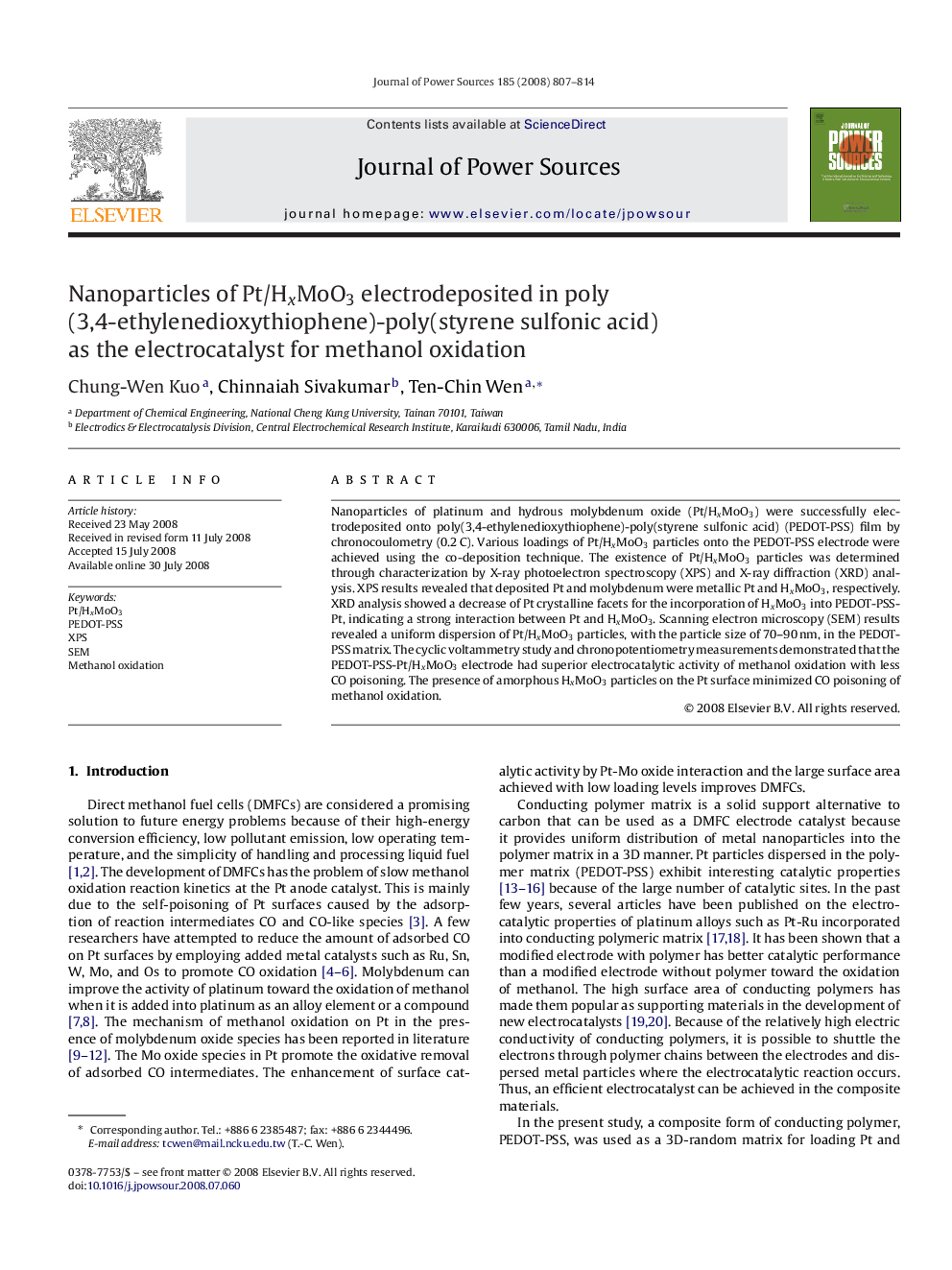 Nanoparticles of Pt/HxMoO3 electrodeposited in poly(3,4-ethylenedioxythiophene)-poly(styrene sulfonic acid) as the electrocatalyst for methanol oxidation