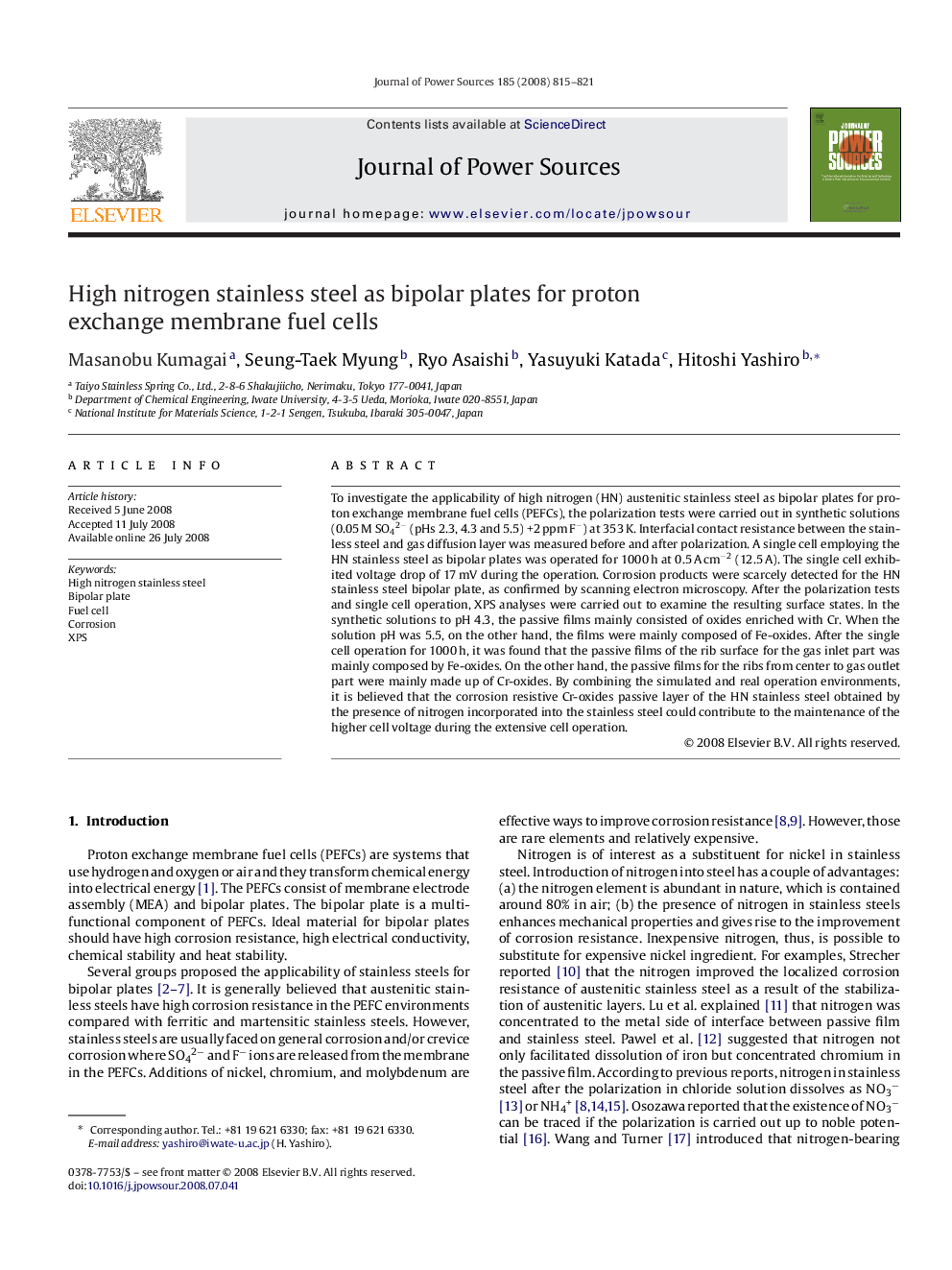 High nitrogen stainless steel as bipolar plates for proton exchange membrane fuel cells