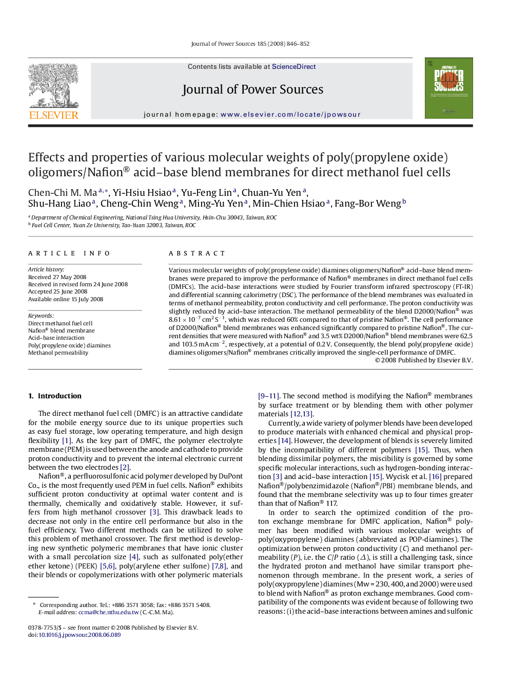 Effects and properties of various molecular weights of poly(propylene oxide) oligomers/Nafion® acid–base blend membranes for direct methanol fuel cells