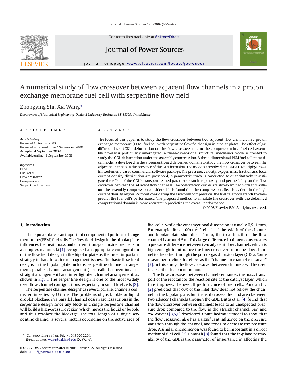 A numerical study of flow crossover between adjacent flow channels in a proton exchange membrane fuel cell with serpentine flow field