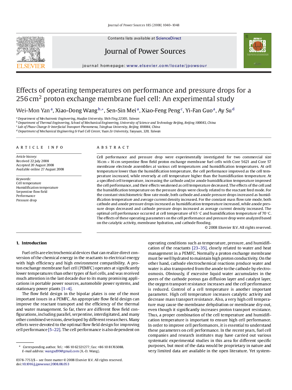 Effects of operating temperatures on performance and pressure drops for a 256 cm2 proton exchange membrane fuel cell: An experimental study