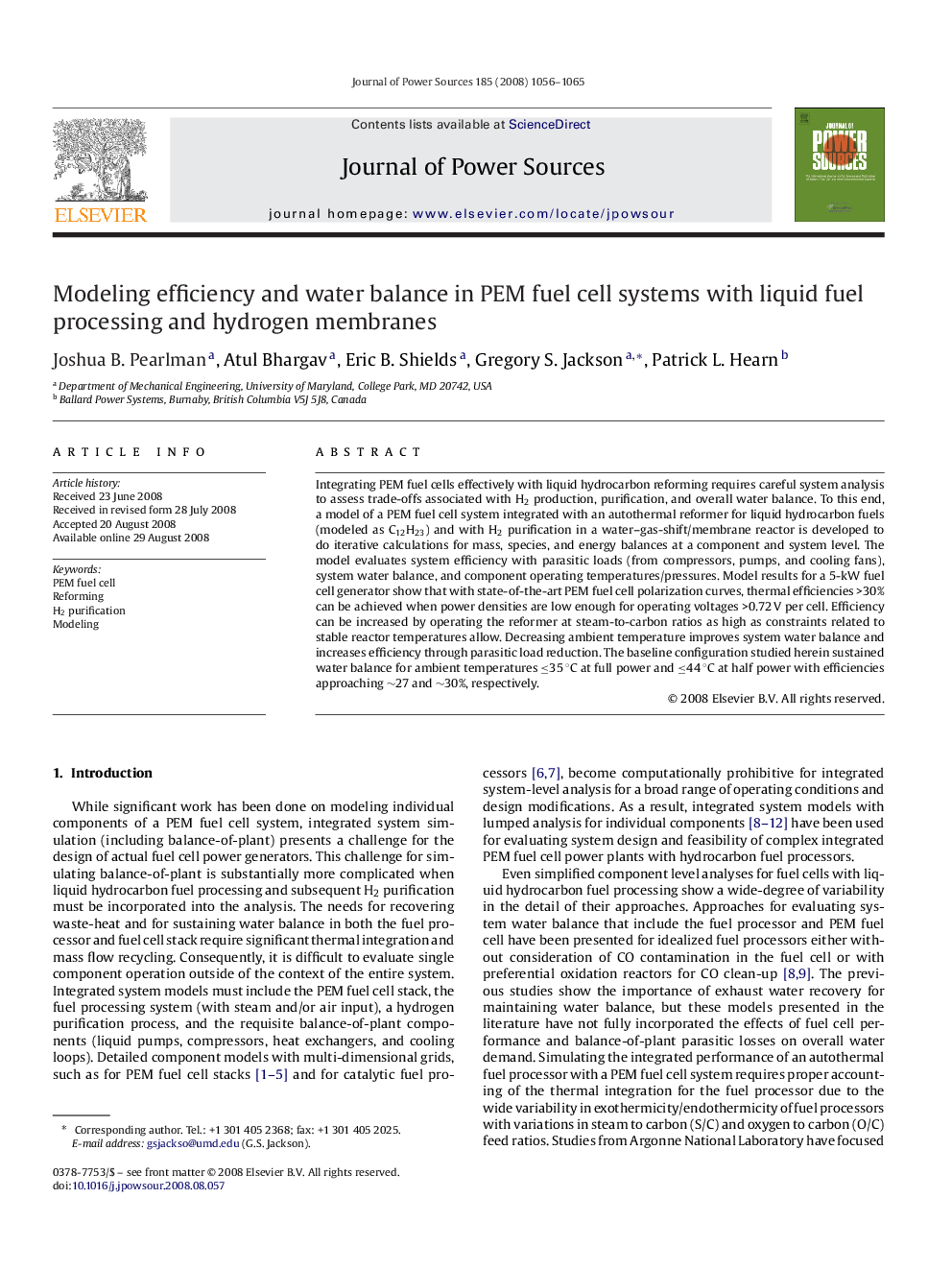 Modeling efficiency and water balance in PEM fuel cell systems with liquid fuel processing and hydrogen membranes