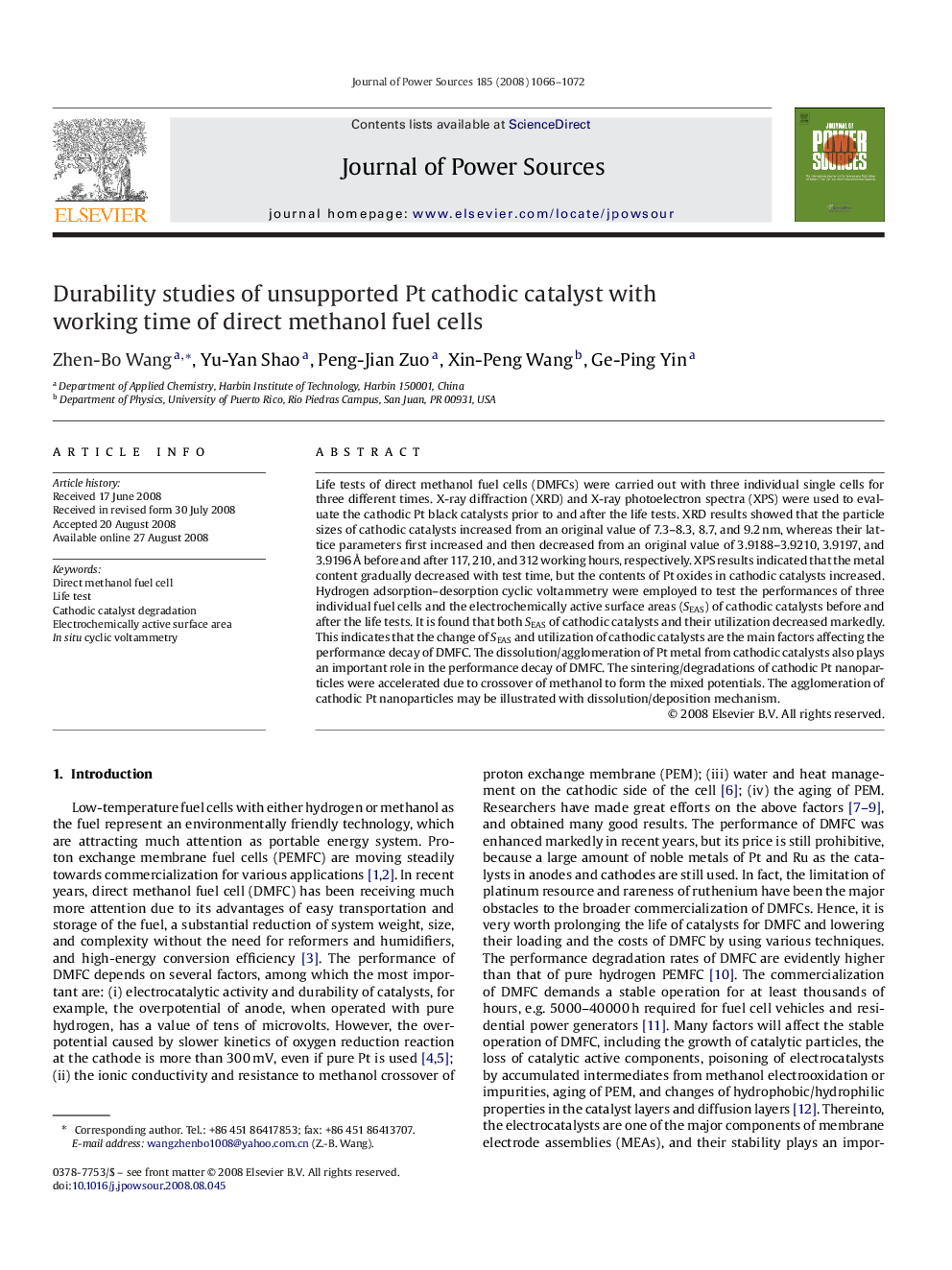 Durability studies of unsupported Pt cathodic catalyst with working time of direct methanol fuel cells