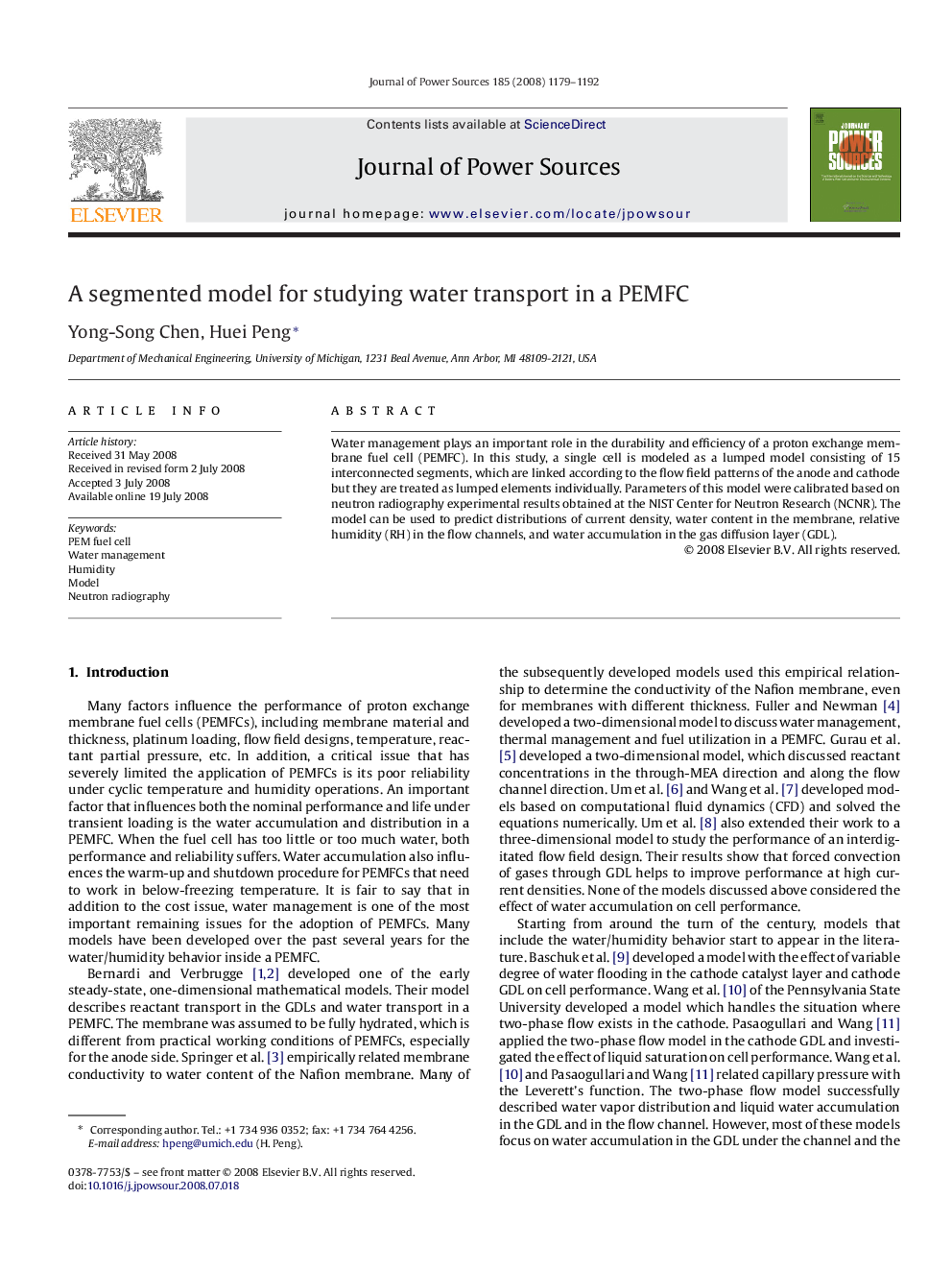 A segmented model for studying water transport in a PEMFC