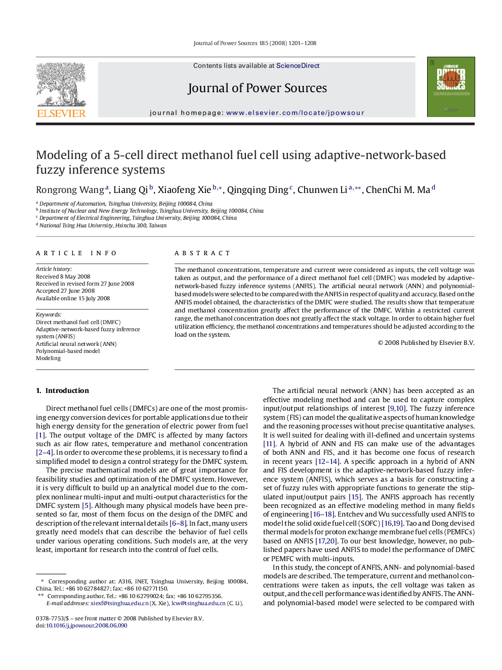 Modeling of a 5-cell direct methanol fuel cell using adaptive-network-based fuzzy inference systems