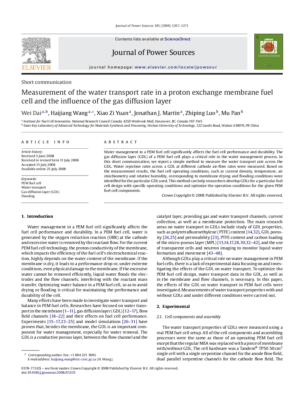 Measurement of the water transport rate in a proton exchange membrane fuel cell and the influence of the gas diffusion layer