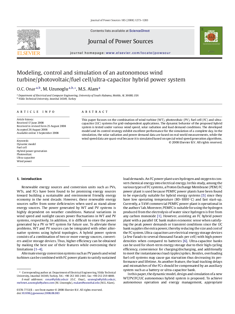 Modeling, control and simulation of an autonomous wind turbine/photovoltaic/fuel cell/ultra-capacitor hybrid power system